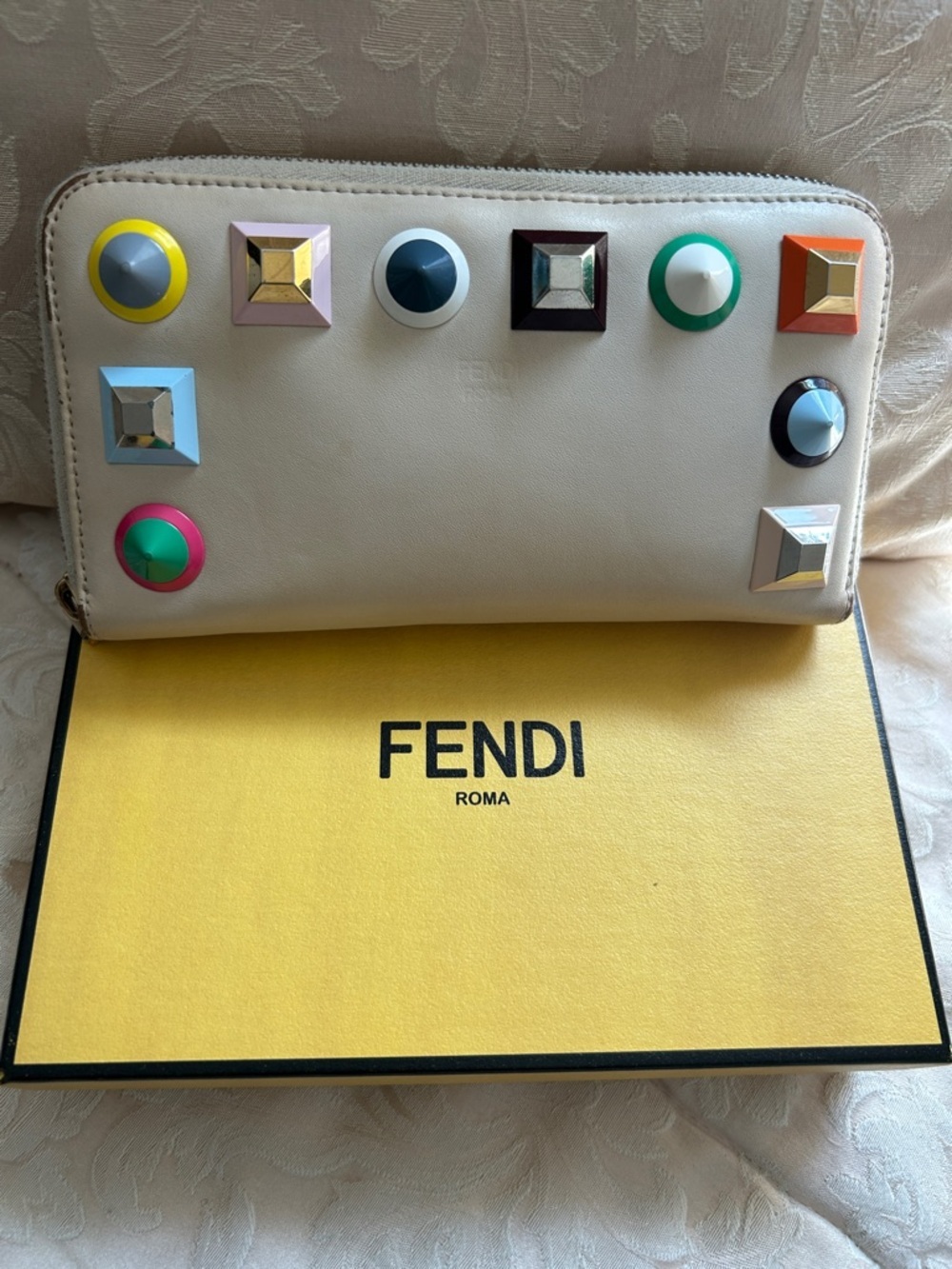 7035 Authentic Fendi Cream Leather Zip Wallet w/ Rainbow Studs w/ box & COA!